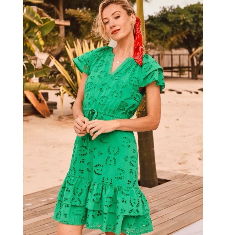 Fat Face Brady Broderie 8 Green 100% Cotton Tiered Eyelet Boho Cottagecore Dress